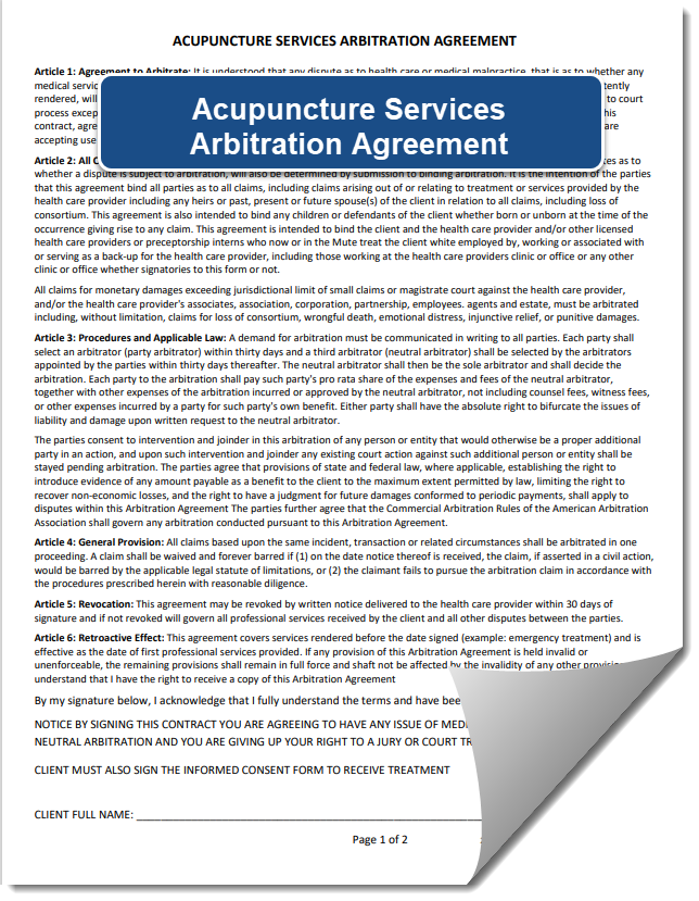 Acupuncture Services Arbitration Agreement
